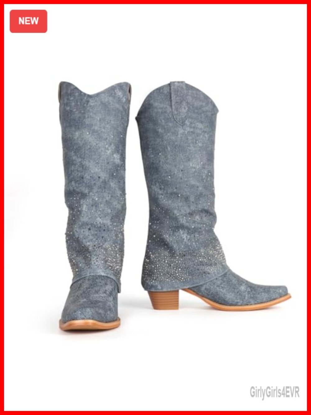 Denim Rhinestone Cowgirl Knee High Boots Fold Over Chunky Heel Western